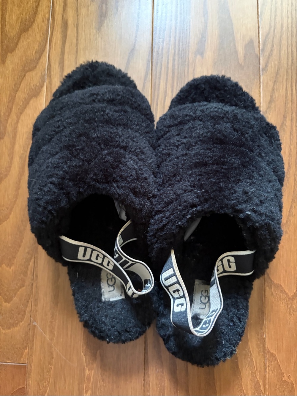UGG Black Faux-Shearling Slide Sandals with Branded Heel Strap